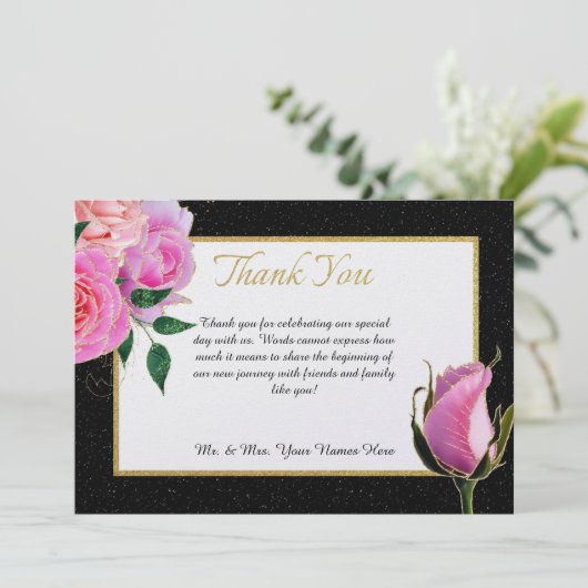 Zwart & Wit Glitter & Roze Rozen met Goud Bedankkaart (Staand voorkant)