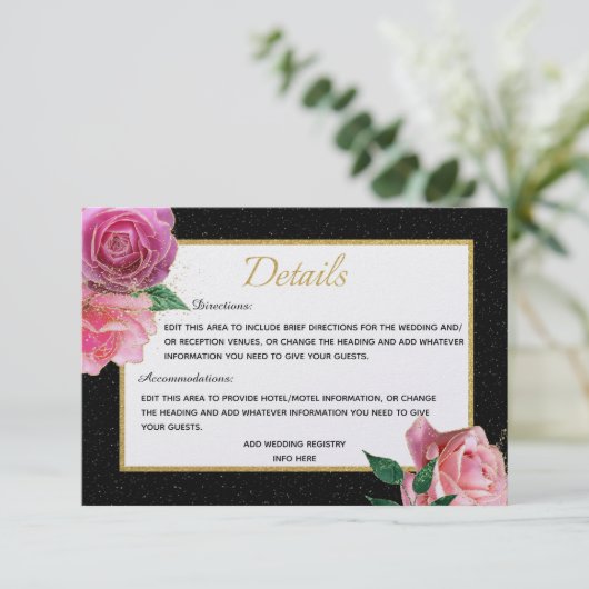 Zwart Wit Glitter & Roze Rozen met Gouden Details Informatiekaartje (Staand voorkant)