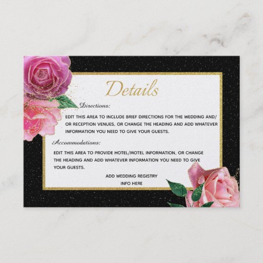 Zwart Wit Glitter & Roze Rozen met Gouden Details Informatiekaartje (Voorkant)