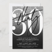 Zwart Wit Glitters 30e Verjaardag Kaart (Voorkant)