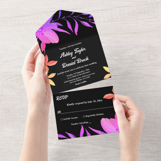 Zwart-wit Glow Neon Kleuren Bloemen Bruiloft All In One Uitnodiging (Afscheurbaar)