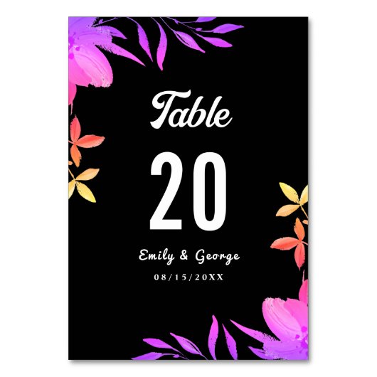 Zwart-wit Glow Neon Kleuren Bloemen Bruiloft Kaart (Voorkant)