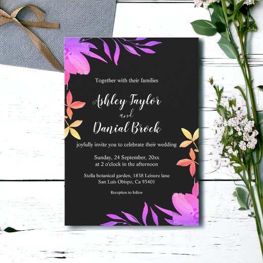 Zwart-wit Glow Neon Kleuren Bloemen Bruiloft Kaart