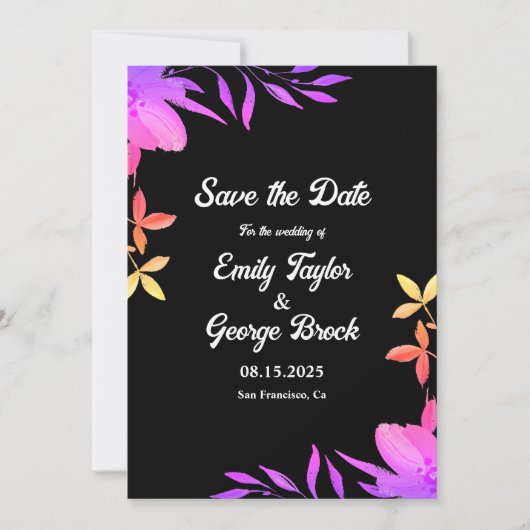 Zwart-wit Glow Neon Kleuren Bloemen Bruiloft Save The Date (Voorkant)