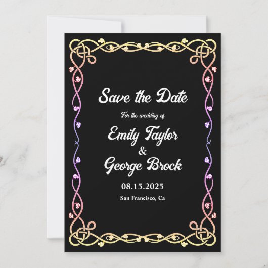 Zwart-wit Glow Neon Lijst Bloemenbruiloft Save The Date (Voorkant)