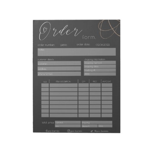 Zwart-wit Gold Glitter Business Order Form Notitieblok (Linkerzijde)