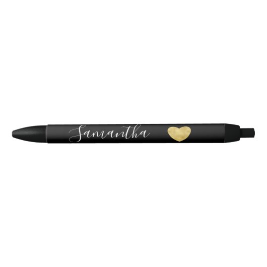 Zwart-wit Gold Heart, gepersonaliseerde naam Zwarte Inkt Pen (Voorkant)