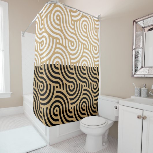 Zwart & Wit Golden Zee Ocean Waves Patroon Douchegordijn (In situ)
