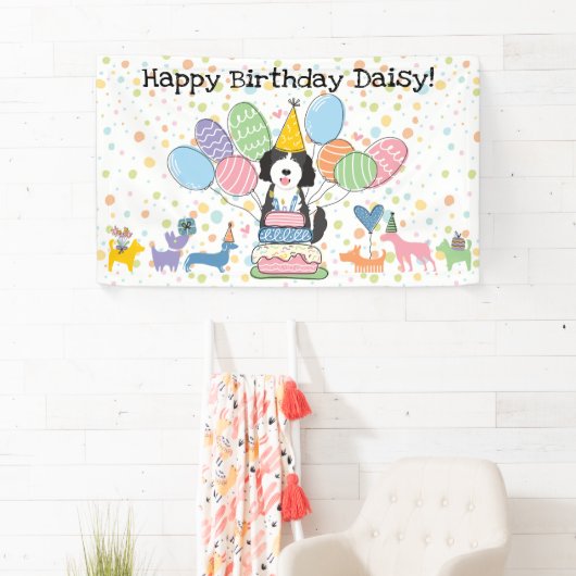 Zwart Wit Goldendoodle Hond Verjaardagsfeest Spandoek (Insitu)