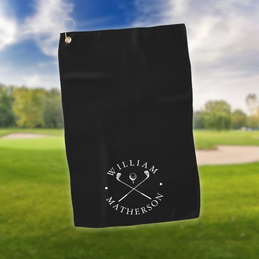 Zwart-wit golfclubs gepersonaliseerde naam golfhanddoek