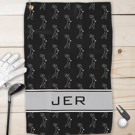 Zwart-Wit Golfer Man Silhouet Monogram Golfhanddoek