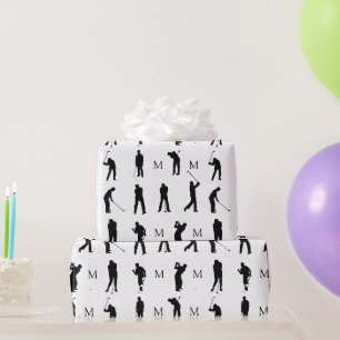 Zwart-wit golfspelers Silhouette Monogram Cadeaupapier