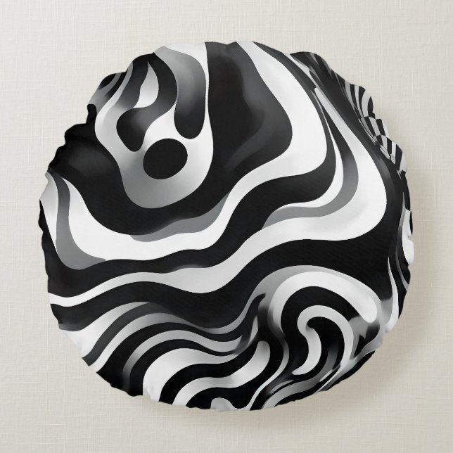 Zwart-wit golvend op kunst, rond kussen (Voorkant)