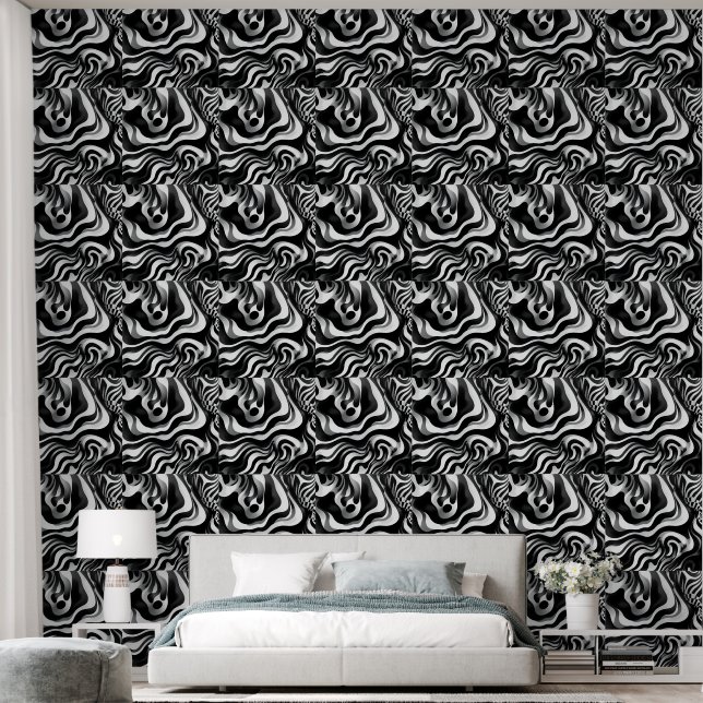 Zwart-wit golvende Abstract op kunst, Behang (Slaapkamer)