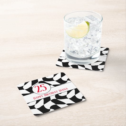 Zwart-wit golvende checker, papieren borden kartonnen onderzetters (Insitu)