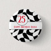 Zwart-wit golvende checker, papieren borden ronde button 3,2 cm (Voorkant)