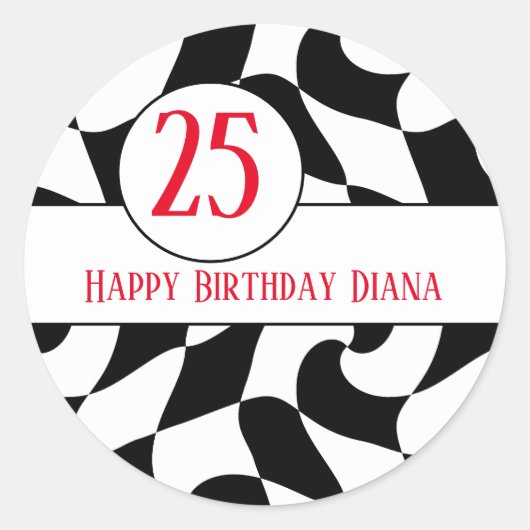 Zwart-wit golvende checker, papieren borden ronde sticker (Voorkant)