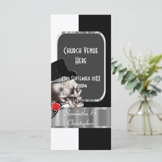 Zwart-wit gothic schedel bruiloft programma programmakaart (Staand voorkant)
