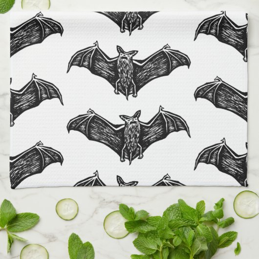 Zwart-wit gotisch vleermuispatroon theedoek (Gevouwen)