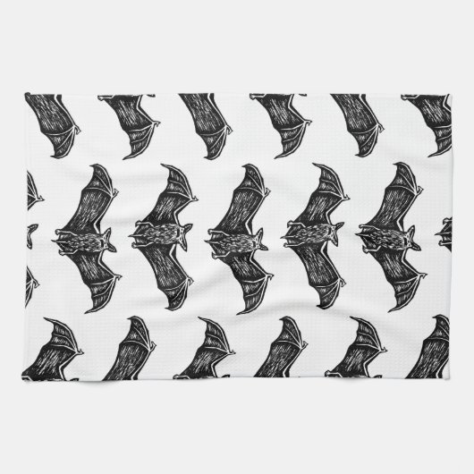 Zwart-wit gotisch vleermuispatroon theedoek (Horizontaal)