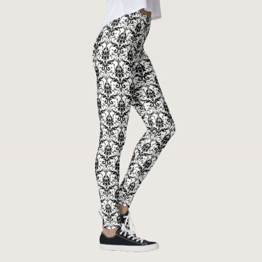 Zwart-wit gotische bloem Damaskpatroon Leggings (Rechts)