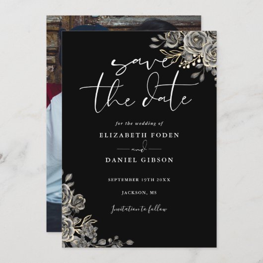 Zwart-wit Gotische Bloemen Foto Bruiloft Save The Date (Voorkant / Achterkant)