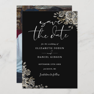 Zwart-wit Gotische Bloemen Foto Bruiloft Save The Date