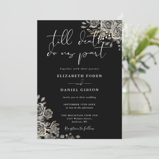 Zwart-wit Gotische Bloemen QR Code Bruiloft Kaart (Staand voorkant)