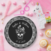 Zwart Wit Gotische Bloemen Schedel Halloween Bruil Papieren Bordje (Feest)