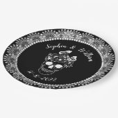 Zwart Wit Gotische Bloemen Schedel Halloween Bruil Papieren Bordje (Gekanteld)