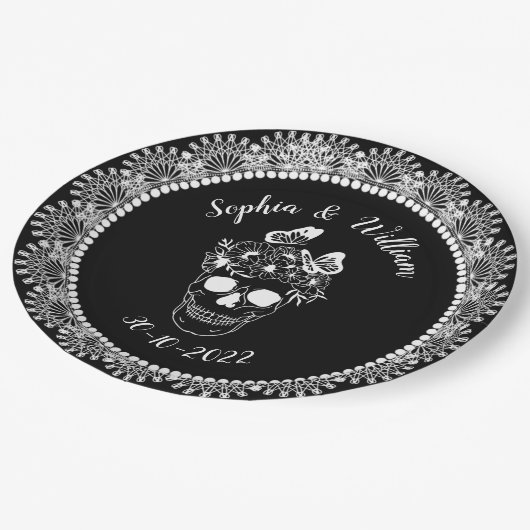 Zwart Wit Gotische Bloemen Schedel Halloween Bruil Papieren Bordje (Gekanteld)
