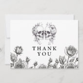 Zwart-wit gotische bloemen schedels bruiloft bedankkaart (Voorkant)