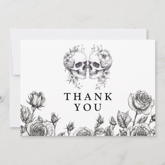 Zwart-wit gotische bloemen schedels bruiloft bedankkaart (Voorkant)