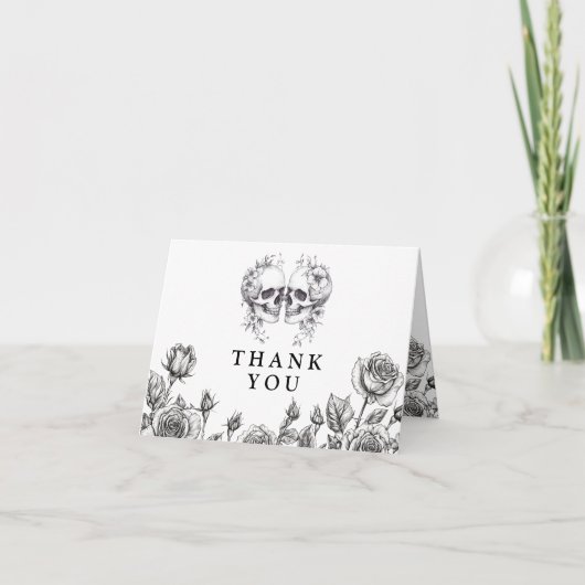 Zwart-wit gotische bloemen schedels bruiloft bedankkaart (Voorkant)