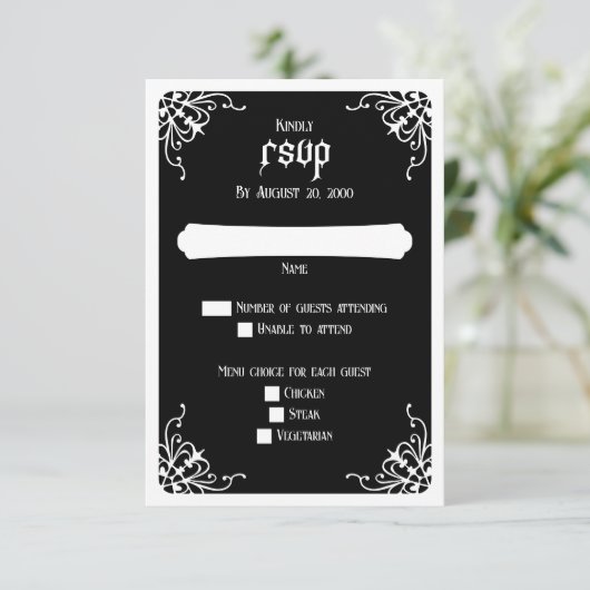 Zwart Wit Gotische Bruiloft RSVP Kaartje (Staand voorkant)