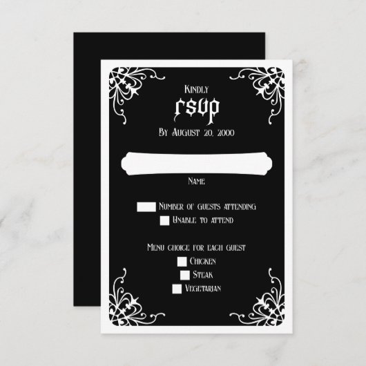 Zwart Wit Gotische Bruiloft RSVP Kaartje (Voorkant / Achterkant)
