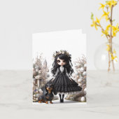 Zwart-wit Gotische Dachshund Dank u Kaart (Gele Bloem)