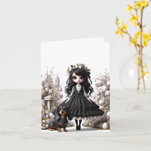 Zwart-wit Gotische Dachshund Dank u Kaart (Gele Bloem)