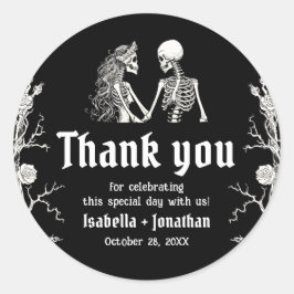 Zwart-wit gotische Halloween-skelet trouwfeest Ronde Sticker