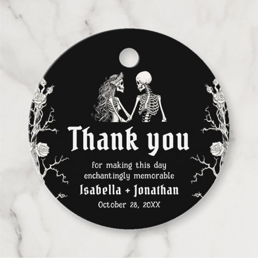 Zwart-wit gotische Halloween Skeleton Wedding Bedankjes Labels (Voorkant)
