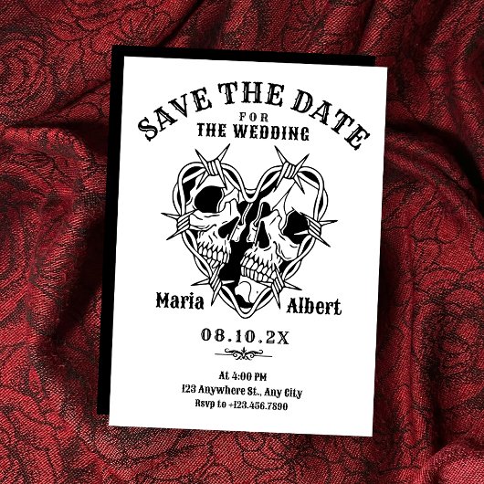 Zwart-wit gotische schedel koppel bruiloft save the date