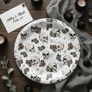 Zwart-wit gotische schedels en Rozen Halloween Papieren Bordje