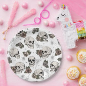 Zwart-wit gotische schedels en Rozen Halloween Papieren Bordje (Feest)