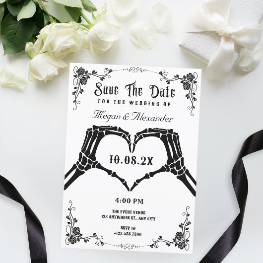 Zwart-wit gotische skelet foto bruiloft save the date
