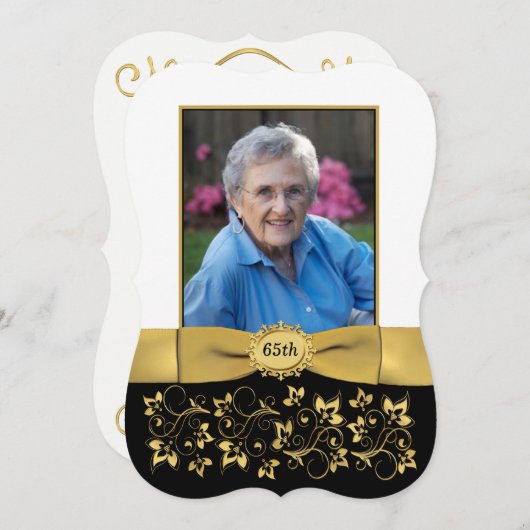 Zwart, Wit, Goud 65e foto Verjaardag Uitnodigen 2 Kaart (Voorkant / Achterkant)