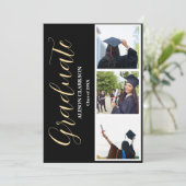 Zwart & Wit Goud Afstuderen 2025 3 Foto's Party Kaart (Staand voorkant)