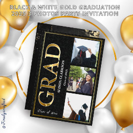 Zwart & Wit Goud Afstuderen 2025 3 Foto's Party Kaart