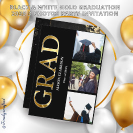 Zwart & Wit Goud Afstuderen 2025 3 Foto's Party Kaart