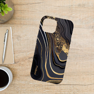 Zwart Wit Goud Agate Monogram Lineair iPhone 15 Case
