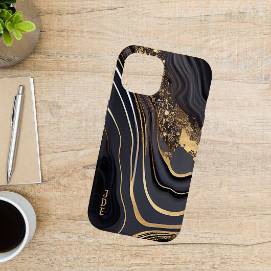Zwart Wit Goud Agate Monogram Lineair Case-Mate iPhone Case